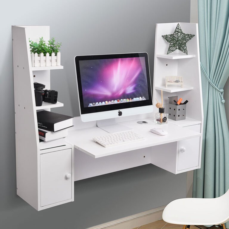 A white wall mounted desks, with two storage compartments and shelves